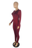 Red Casual Solid Patchwork Zipper O Neck Skinny Jumpsuits