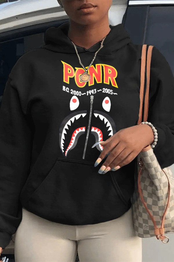 Black Casual Print Patchwork Basic Hooded Collar Tops