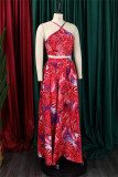 Red Sexy Print Backless Spaghetti Strap Sleeveless Two Pieces