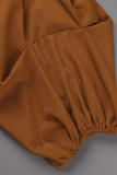 Orange Fashion Casual Solid Patchwork Slit V Neck Long Sleeve Dresses