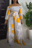 Yellow Casual Print Patchwork Off the Shoulder Long Sleeve Two Pieces
