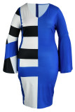 Blue Fashion Casual Print Slit V Neck Long Sleeve Plus Size Dresses