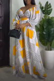 Yellow Casual Print Patchwork Off the Shoulder Long Sleeve Two Pieces
