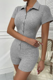 Rose Red Casual Solid Patchwork Buckle Turndown Collar Skinny Rompers