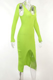 Green Sexy Solid Hollowed Out Patchwork Slit Asymmetrical Asymmetrical Collar Pencil Skirt Dresses