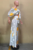 Yellow Casual Print Patchwork Off the Shoulder Long Sleeve Two Pieces