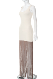 Light Apricot Sexy Solid Tassel O Neck Straight Dresses
