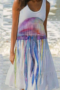 Blue Purple Casual Print Patchwork U Neck Straight Dresses
