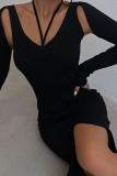 Green Sexy Solid Hollowed Out Patchwork Slit Asymmetrical Asymmetrical Collar Pencil Skirt Dresses