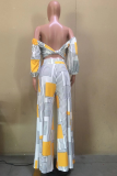 Yellow Casual Print Patchwork Off the Shoulder Long Sleeve Two Pieces