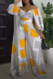 Yellow Casual Print Patchwork Off the Shoulder Long Sleeve Two Pieces