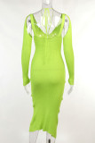 Green Sexy Solid Hollowed Out Patchwork Slit Asymmetrical Asymmetrical Collar Pencil Skirt Dresses