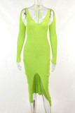 Green Sexy Solid Hollowed Out Patchwork Slit Asymmetrical Asymmetrical Collar Pencil Skirt Dresses