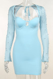 Blue Sexy Solid Hollowed Out Patchwork Beading Square Collar Pencil Skirt Dresses