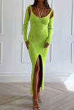 Green Sexy Solid Hollowed Out Patchwork Slit Asymmetrical Asymmetrical Collar Pencil Skirt Dresses