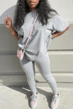 Grey Casual Solid Patchwork O Neck Short Sleeve Two Pieces