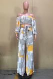 Yellow Casual Print Patchwork Off the Shoulder Long Sleeve Two Pieces