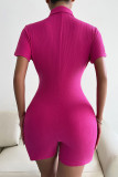 Rose Red Casual Solid Patchwork Buckle Turndown Collar Skinny Rompers