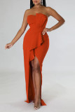 Red Elegant Solid Patchwork Fold Asymmetrical Strapless Evening Dress Dresses