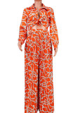 Orange Red British Style Print Bandage Patchwork Turndown Collar Long Sleeve Two Pieces