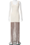Light Apricot Sexy Solid Tassel O Neck Straight Dresses