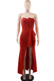 Red Elegant Solid Patchwork Fold Asymmetrical Strapless Evening Dress Dresses