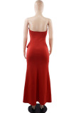Red Elegant Solid Patchwork Fold Asymmetrical Strapless Evening Dress Dresses