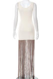 Light Apricot Sexy Solid Tassel O Neck Straight Dresses
