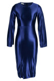 Pink Fashion Casual Solid Slit O Neck Long Sleeve Dresses