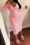 Pink Casual Solid Patchwork U Neck Pencil Skirt Dresses