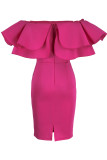 Rose Red Fashion Casual Solid Patchwork Backless Off the Shoulder Long Sleeve Dresses