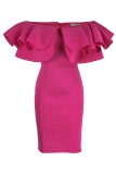 Rose Red Fashion Casual Solid Patchwork Backless Off the Shoulder Long Sleeve Dresses