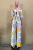 Yellow Casual Print Patchwork Off the Shoulder Long Sleeve Two Pieces