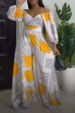 Yellow Casual Print Patchwork Off the Shoulder Long Sleeve Two Pieces