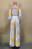 Yellow Casual Print Patchwork Off the Shoulder Long Sleeve Two Pieces