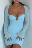 Blue Sexy Solid Hollowed Out Patchwork Beading Square Collar Pencil Skirt Dresses