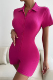 Rose Red Casual Solid Patchwork Buckle Turndown Collar Skinny Rompers