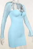 Blue Sexy Solid Hollowed Out Patchwork Beading Square Collar Pencil Skirt Dresses