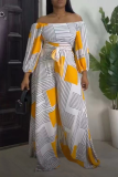 Yellow Casual Print Patchwork Off the Shoulder Long Sleeve Two Pieces