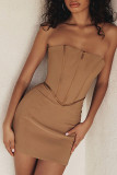 Light Brown Sexy Solid Patchwork Strapless Pencil Skirt Dresses