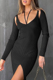 Green Sexy Solid Hollowed Out Patchwork Slit Asymmetrical Asymmetrical Collar Pencil Skirt Dresses