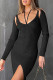 Black Sexy Solid Hollowed Out Patchwork Slit Asymmetrical Asymmetrical Collar Pencil Skirt Dresses