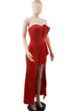 Red Elegant Solid Patchwork Fold Asymmetrical Strapless Evening Dress Dresses