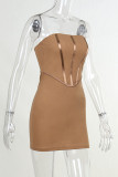Light Brown Sexy Solid Patchwork Strapless Pencil Skirt Dresses