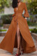 Orange Fashion Casual Solid Patchwork Slit V Neck Long Sleeve Dresses