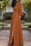 Orange Fashion Casual Solid Patchwork Slit V Neck Long Sleeve Dresses