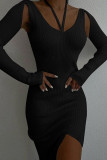 Green Sexy Solid Hollowed Out Patchwork Slit Asymmetrical Asymmetrical Collar Pencil Skirt Dresses