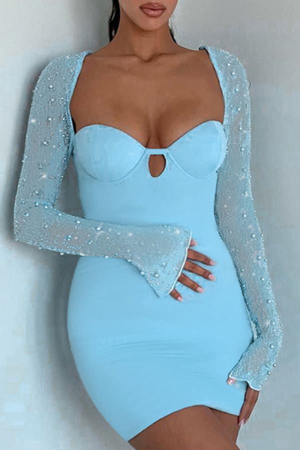 Blue Sexy Solid Hollowed Out Patchwork Beading Square Collar Pencil Skirt Dresses