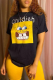 Black Casual Cute Character Print Patchwork Letter O Neck T-Shirts