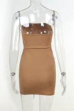 Light Brown Sexy Solid Patchwork Strapless Pencil Skirt Dresses